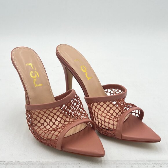 FSJ Tan Mesh High Heel Sandals Mules Peep Toe Slide Slip On Summer Dress Shoes - Picture 4 of 8